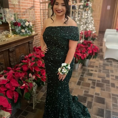 Cute mermaid one shoulder dark green sequins long prom dresses - Thumbnail 2