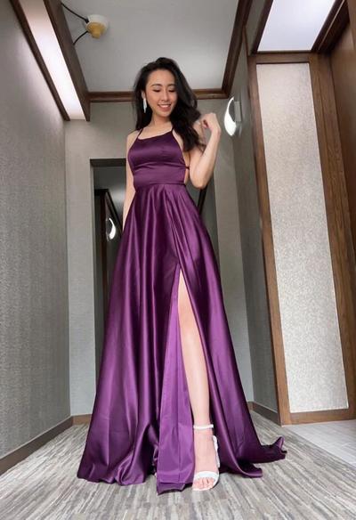 A-Line Scoop Neck Long Satin Prom Dress With Split