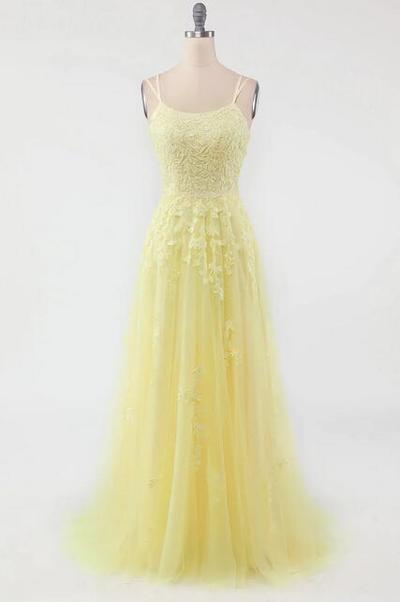 Elegant Yellow A-line Tulle Lace Prom Dress