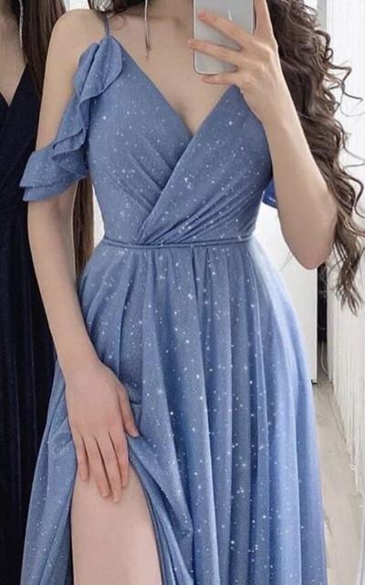 Spaghetti Straps A Line Blue Prom Dress With Split