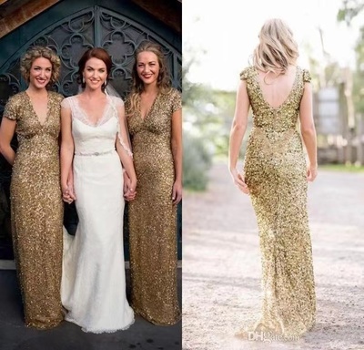 V Neck Sequins Bridesmaid Dresses Sheath