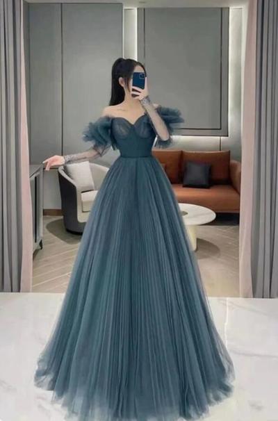 A Line Blue Floor Length Tulle Prom Evening Dresses
