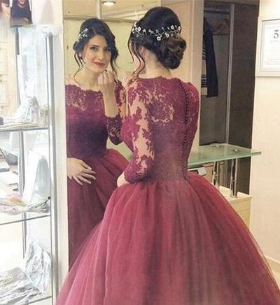 High Quality Princess Ball Gown Floor Length Wine Red Party Dress With Lace