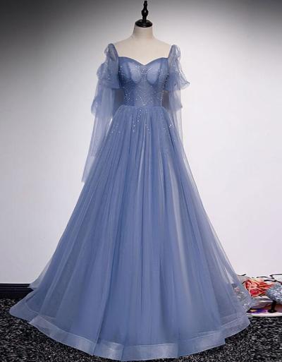 A Line Blue Sweetheart Tulle Long Prom Dresses