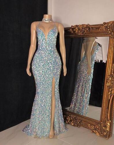 Sexy Mermaid Sequins Sleeveless Prom Dresses With Split