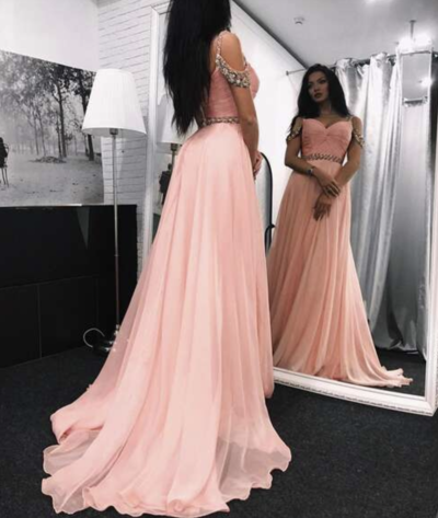 Off Shoulder Pink Prom Dresses with Rhinestones
