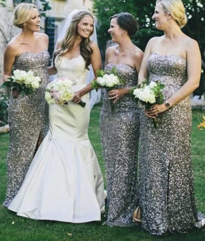 Grey Sequins Bridesmaid Dresses Floor Length
