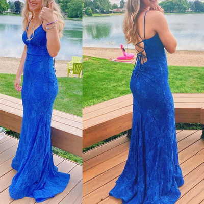 Royal Blue Prom Dresses Lace Criss Cross Mermaid