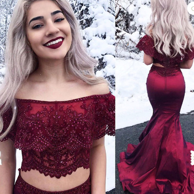 Two Piece Prom Dresses Mermaid Burgundy Lace