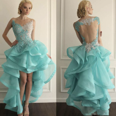 Prom dresses hi low evening gown with lace appliques - Thumbnail 1