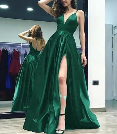 A line dark green spaghetti straps slit leg long prom dress