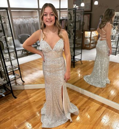 Sparkly Mermaid V Neck Gold Sequins Long Prom Dresses with Slit