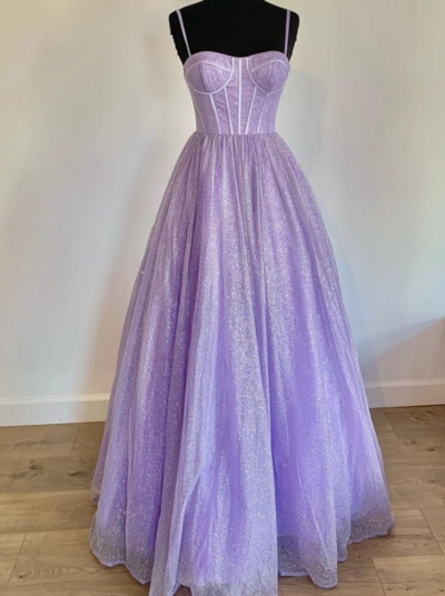 Lavender Prom Dresses Spaghetti Straps Sparkly