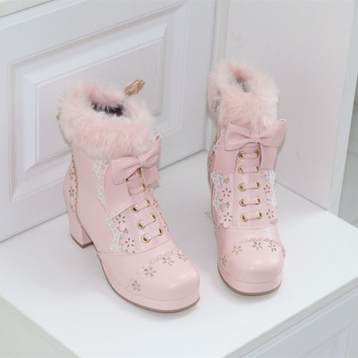 Japanese Sweet Princess Bow Decorated Fur White Cream Pink Black Winter High Heels Boots
