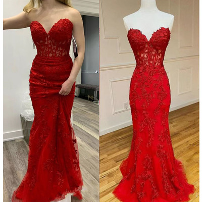 Sweetheart Prom Dresses Red with Appliques Lace PD00