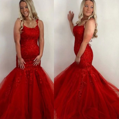 Red straps mermaid prom dresses lace tulle  - Thumbnail 2