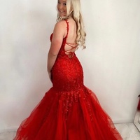 Red Straps Mermaid Prom Dresses Lace Tulle  - Thumbnail 1