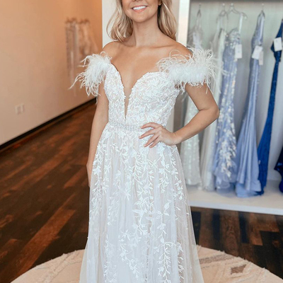 Cute a line off the shoulder white tulle long prom dresses with lace - Thumbnail 1