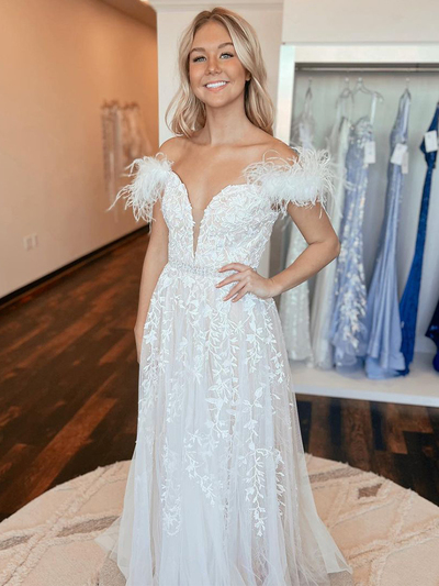 Cute A Line Off the Shoulder White Tulle Long Prom Dresses with Lace