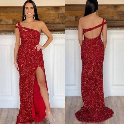 Red high side prom dresses sequins straps across arm to the back - Thumbnail 2