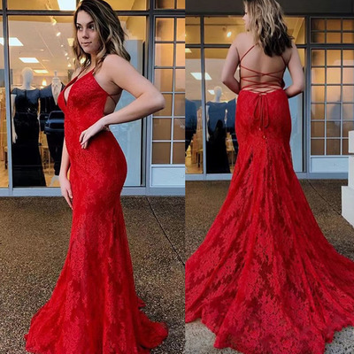 Lace prom dresses criss cross mermaid red - Thumbnail 3