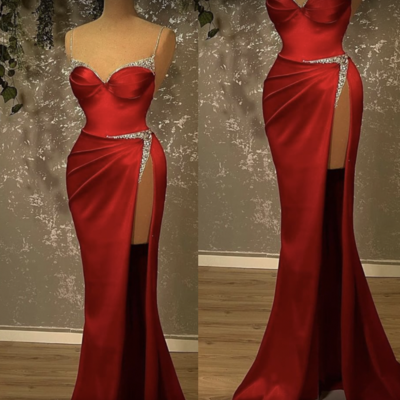 Spaghetti straps prom dresses high slit with beading - Thumbnail 1