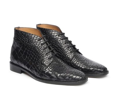 Handmade Black Alligator SKin Texture Leather Lace Up Chukka Shoes For Men
