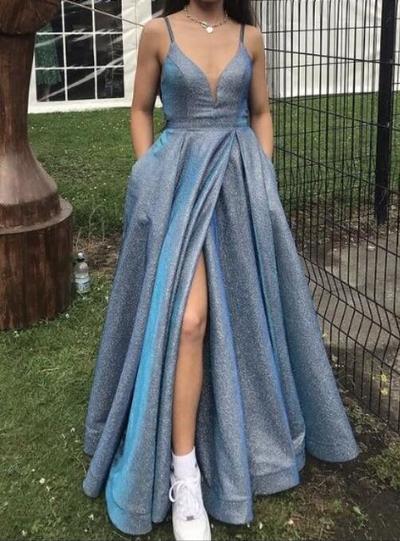 spaghetti straps leg split long prom dress
