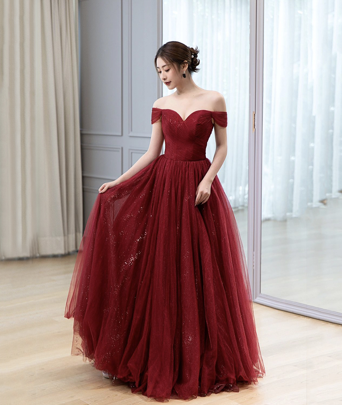 Burgundy Tulle Long Prom Dress, A-Line Off the Shoulder Evening Dress