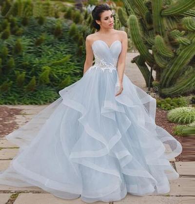 Sweetheart Blue Wedding Dresses with Sweep Train Lace Applique