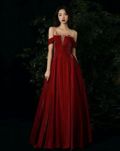 A Line Burgundy round neck beads long prom dress
