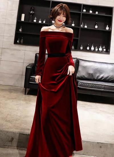 Off Shoulder Velvet Long Sleeve Evening Dresses
