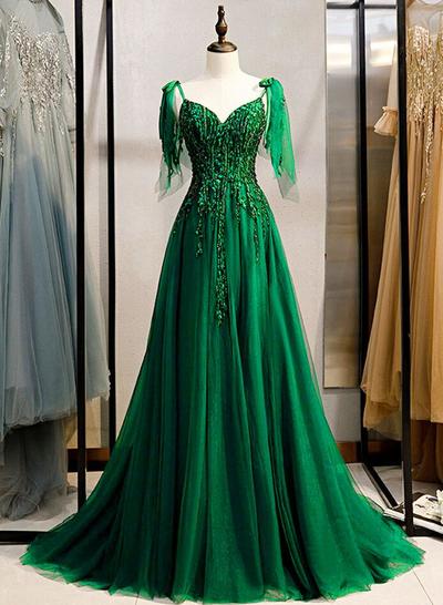 A-Line Sleeveless Beaded Deep Green V-Neck Prom Dress