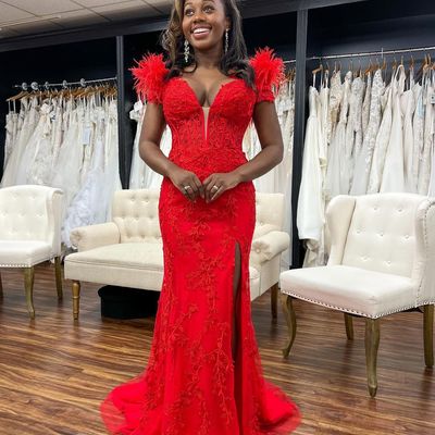 Cute mermaid sweetheart red lace prom dresses with feather - Thumbnail 2