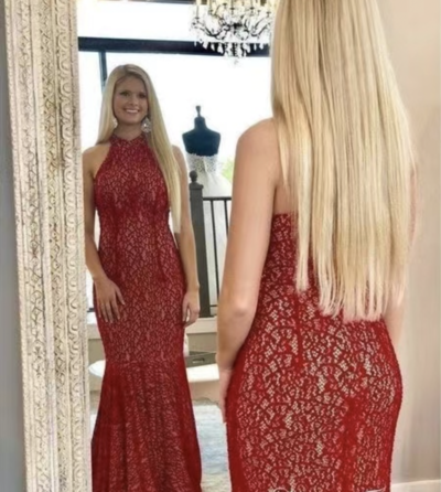 High Neck Lace Prom Dresses Mermaid Evening Gown