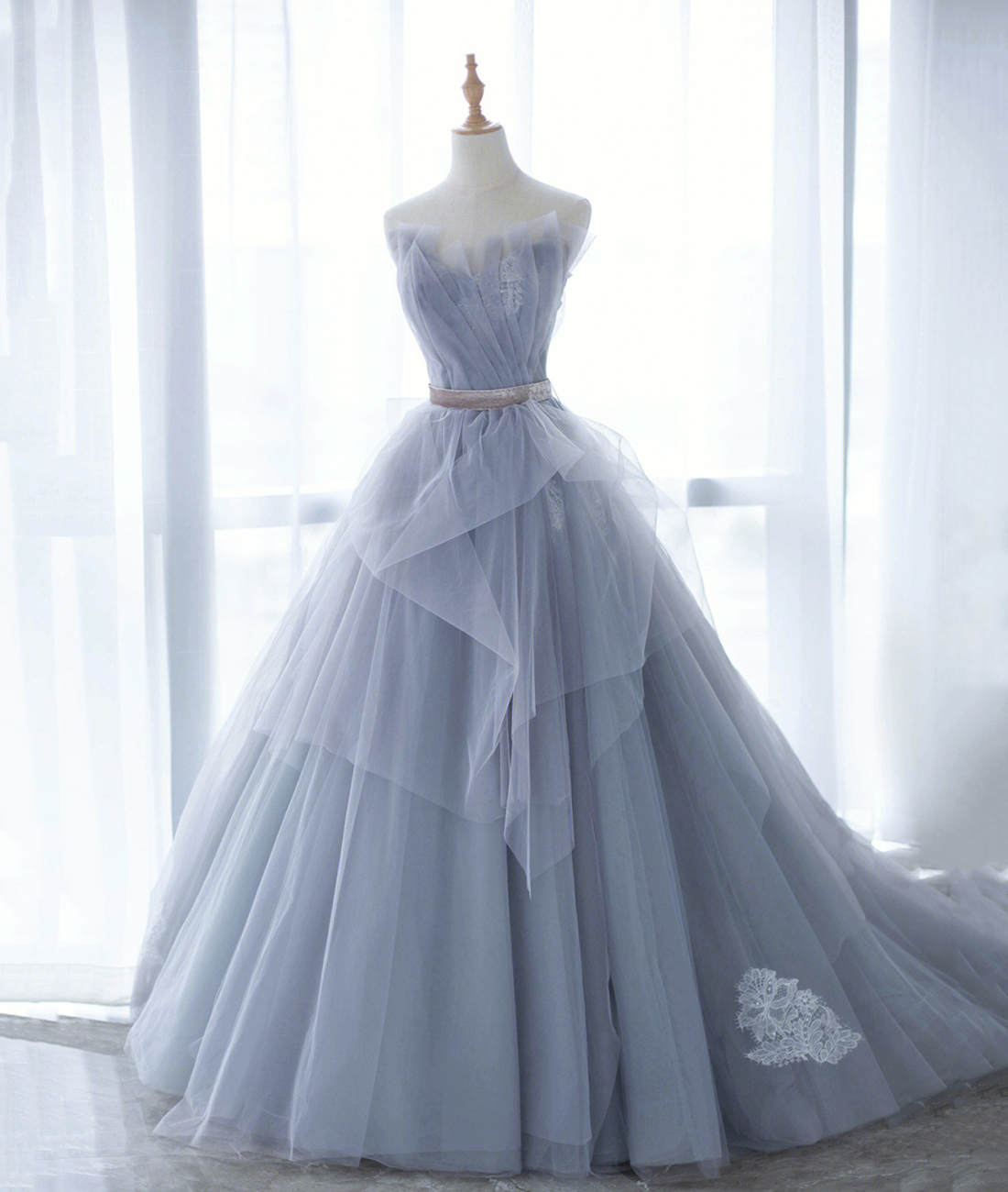 Blue Strapless Lace Long Formal Dress, A-Line Evening Party Dress