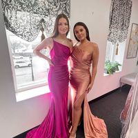 Charming Mermaid One Shoulder Blush Satin Prom Dresses with Slit - Thumbnail 1