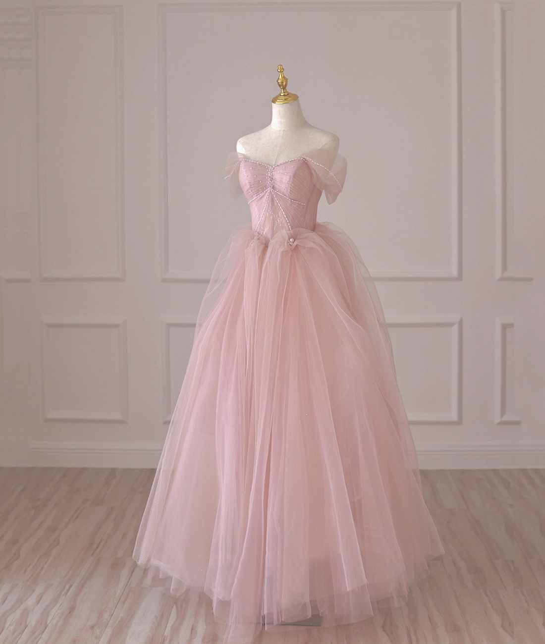 Pink Tulle Long Prom Dress, Off the Shoulder Evening Dress