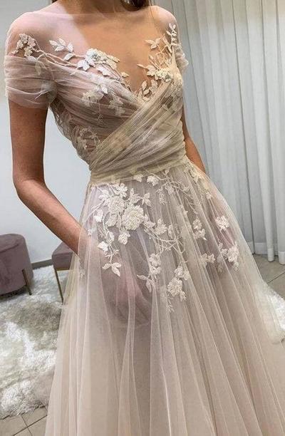 A Line Tulle Applique Long Prom Dress