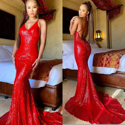 Red backless mermaid prom dresses criss cross - Thumbnail 3