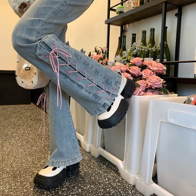 Summer Trendy Stylish Street Cute Pink Ribbon High Waist Jeans Pants