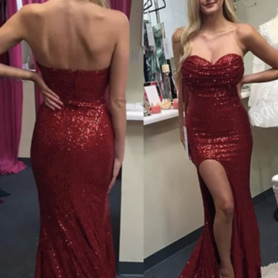 Sweetheart slit side prom dresses sequins red - Thumbnail 1