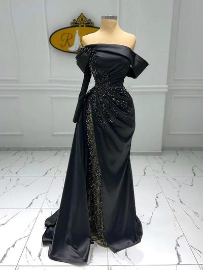 Off Shoulder A Line Black Stain Prom Dress Formal Dress With Beading