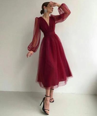 Charming Puffy Long Sleeve Burgundy Tea Length Prom Dress