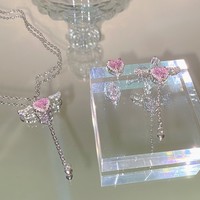 Angelic Luxury Girl Moving Wings Pink Diamond Heart Gift Earrings Necklaces Pendants Set - Thumbnail 8