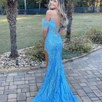 Cute Mermaid Straps Light Blue Sequins Prom Dresses with Lace - Thumbnail 1