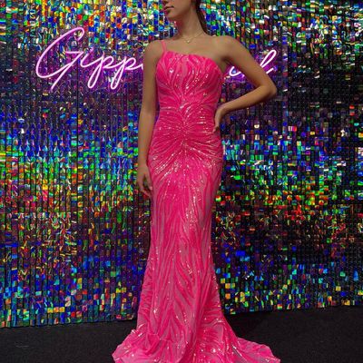 Cute mermaid one shoulder pink sequins prom dresses - Thumbnail 2