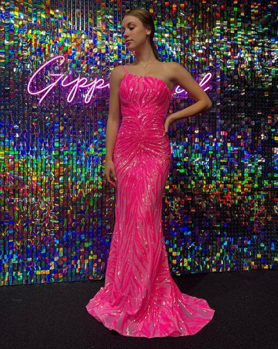 Cute Mermaid One Shoulder Pink Sequins Prom Dresses