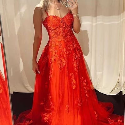 Spaghetti straps prom dresses with lace appliques pd82 - Thumbnail 2