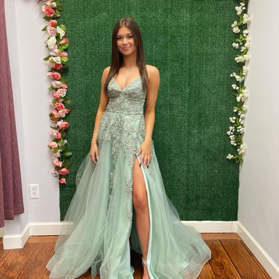Cute a line v neck sage green prom dresses with lace - Thumbnail 2